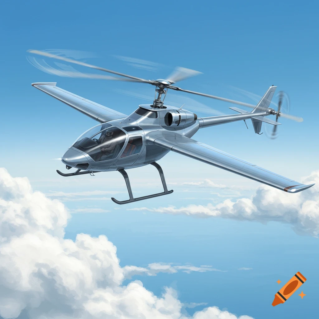 A silver helicopter-airplane hybrid with wings flies through a blue sky with white clouds. The main and tail rotors are blurred by motion.