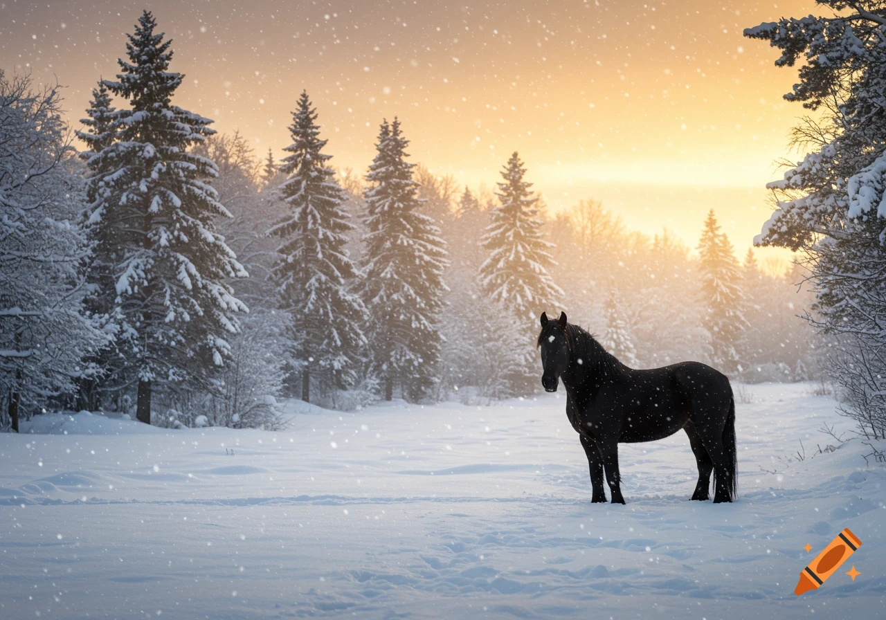 A black horse stands in a snow-covered field during a sunset snowfall, surrounded by pine trees in a winter forest.