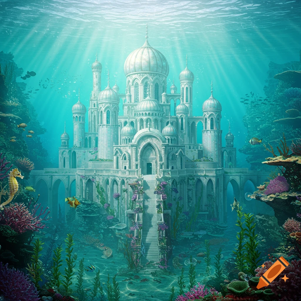 An elaborate white underwater palace with domes and spires, surrounded by coral, fish, and a seahorse, bathed in shimmering blue water and sun rays.