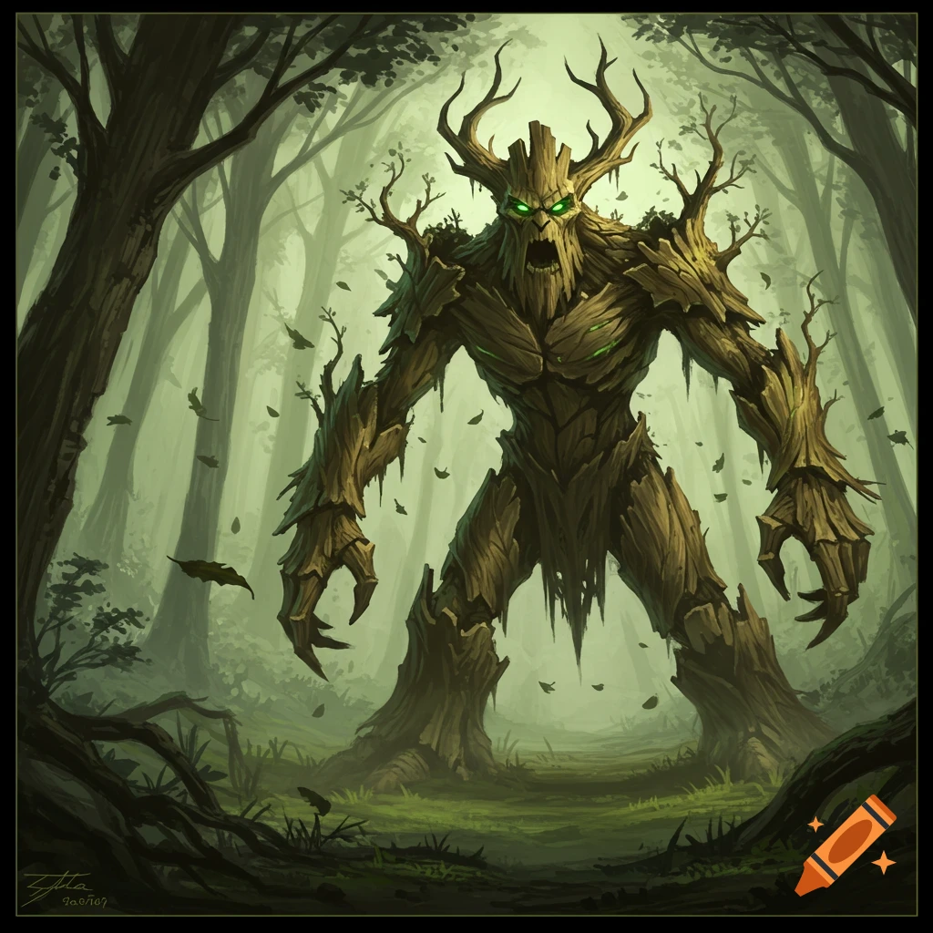 An angry wood elemental creature with glowing green eyes and antlers stands in a misty, dark forest in a fantasy art style.