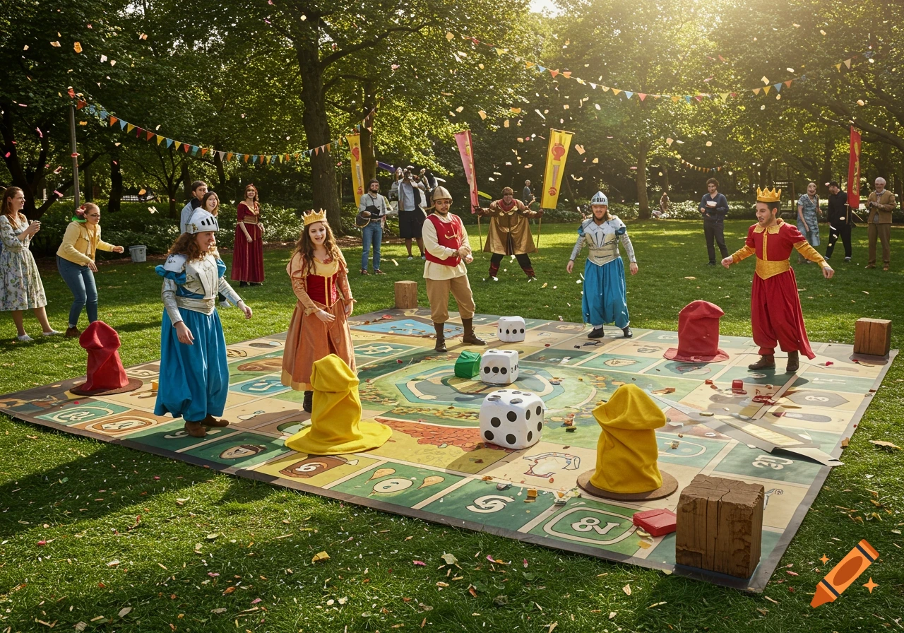 People in costumes playing a life-sized board game outdoors in a sunny park with confetti falling.
