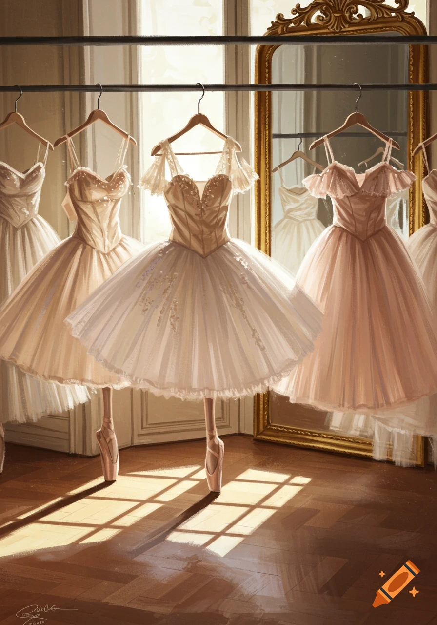 Multiple elegant ballet tutus and dresses hanging in a sunlit room, with pointe shoes on mannequins, reflected in a gilded mirror.