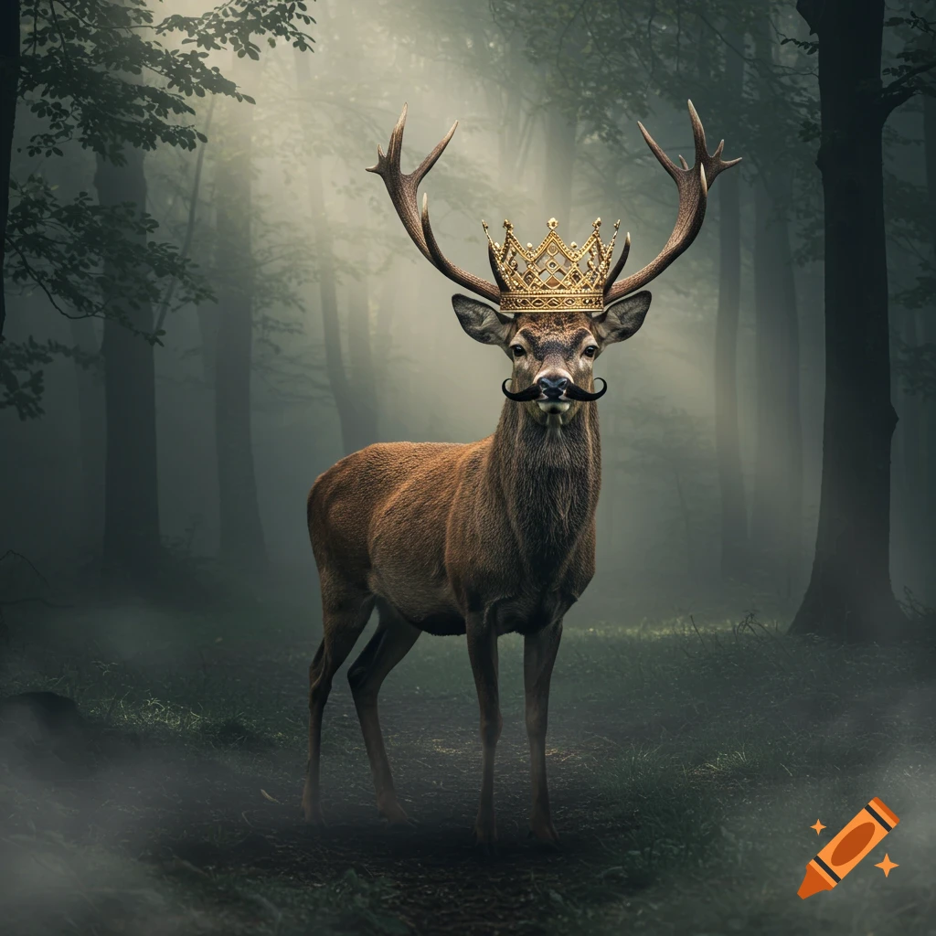 A majestic deer wearing a golden crown and a black handlebar mustache stands in a misty, dark forest.