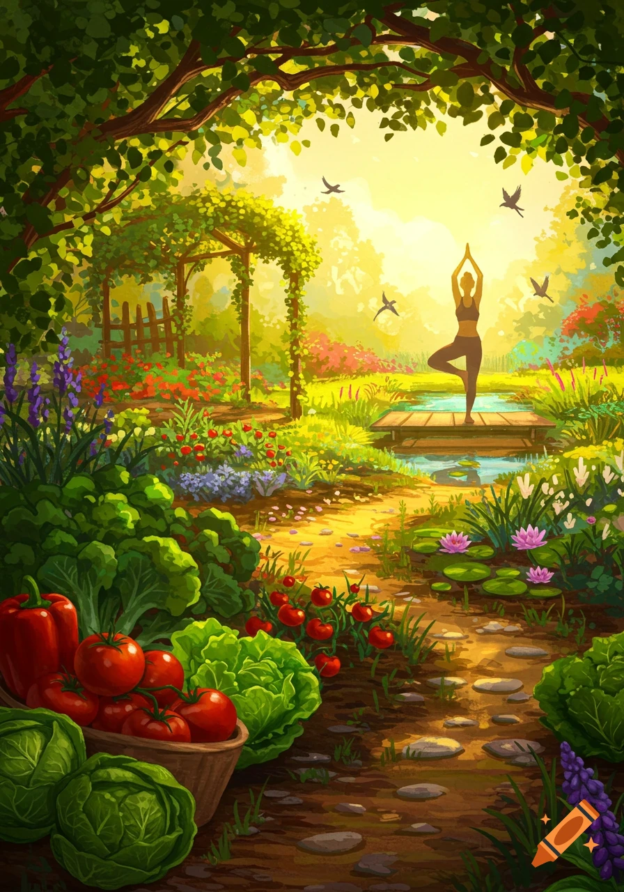 A person in a yoga pose on a wooden plank over water, surrounded by a lush garden with vegetables, trees, and flowers under a bright sky, in an illustrative style.