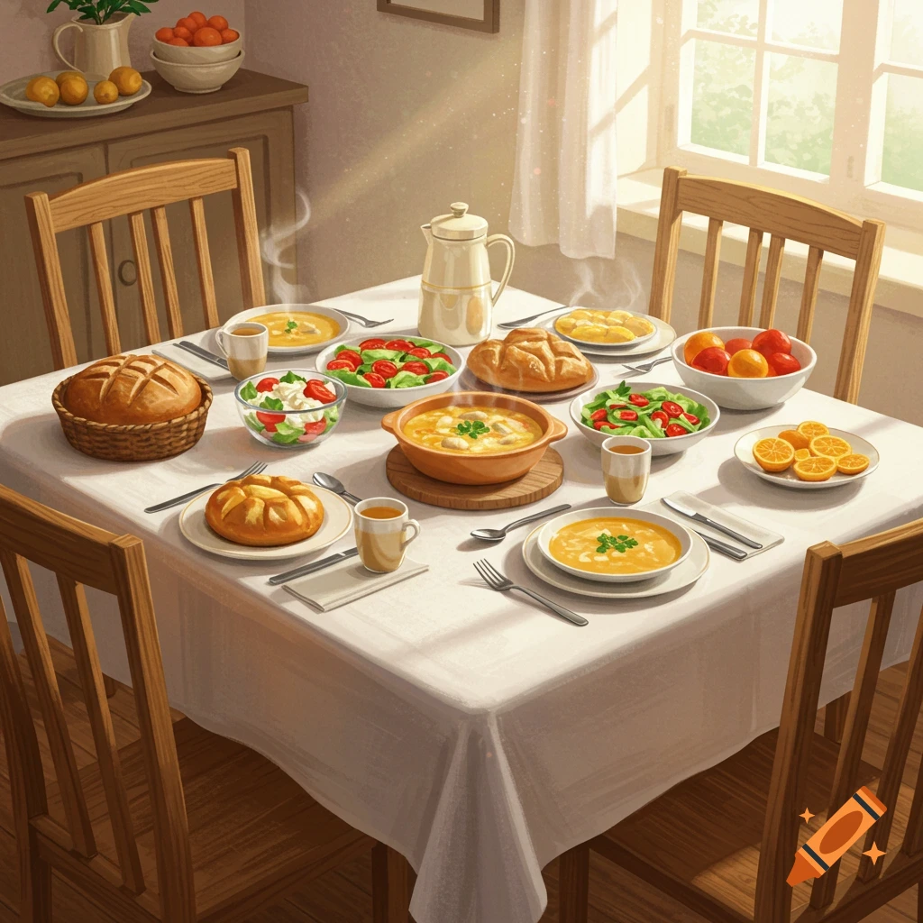 A cozy, sunlit dining table set with bowls of soup, fresh bread, salads, and fruit in a warm, inviting illustrated style.