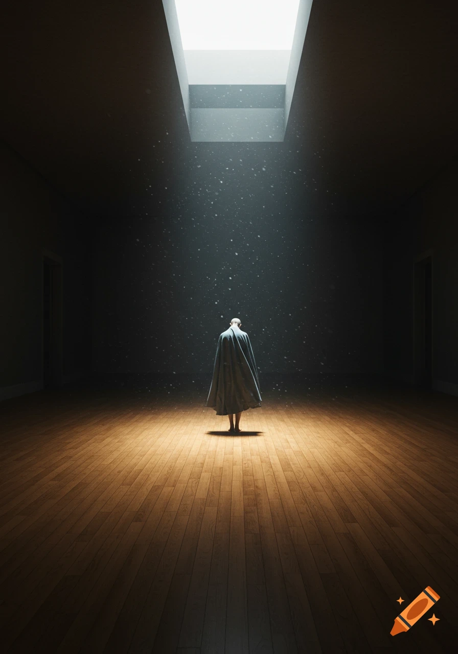 A cloaked figure stands alone on a wooden floor, bathed in light from a skylight, in a dark, empty room.