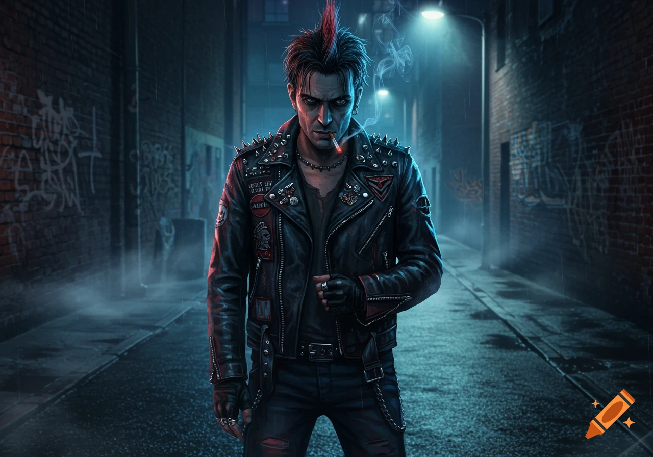 A stylized, serious punk character with a red mohawk and spiked leather jacket stands in a rainy, foggy urban alleyway at night, smoking a cigarette.
