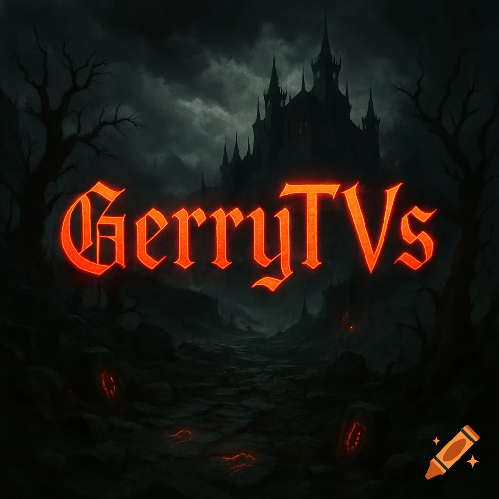 A dark gothic castle against a stormy sky with twisted trees and a path, featuring glowing red text 'GerryTVs'.