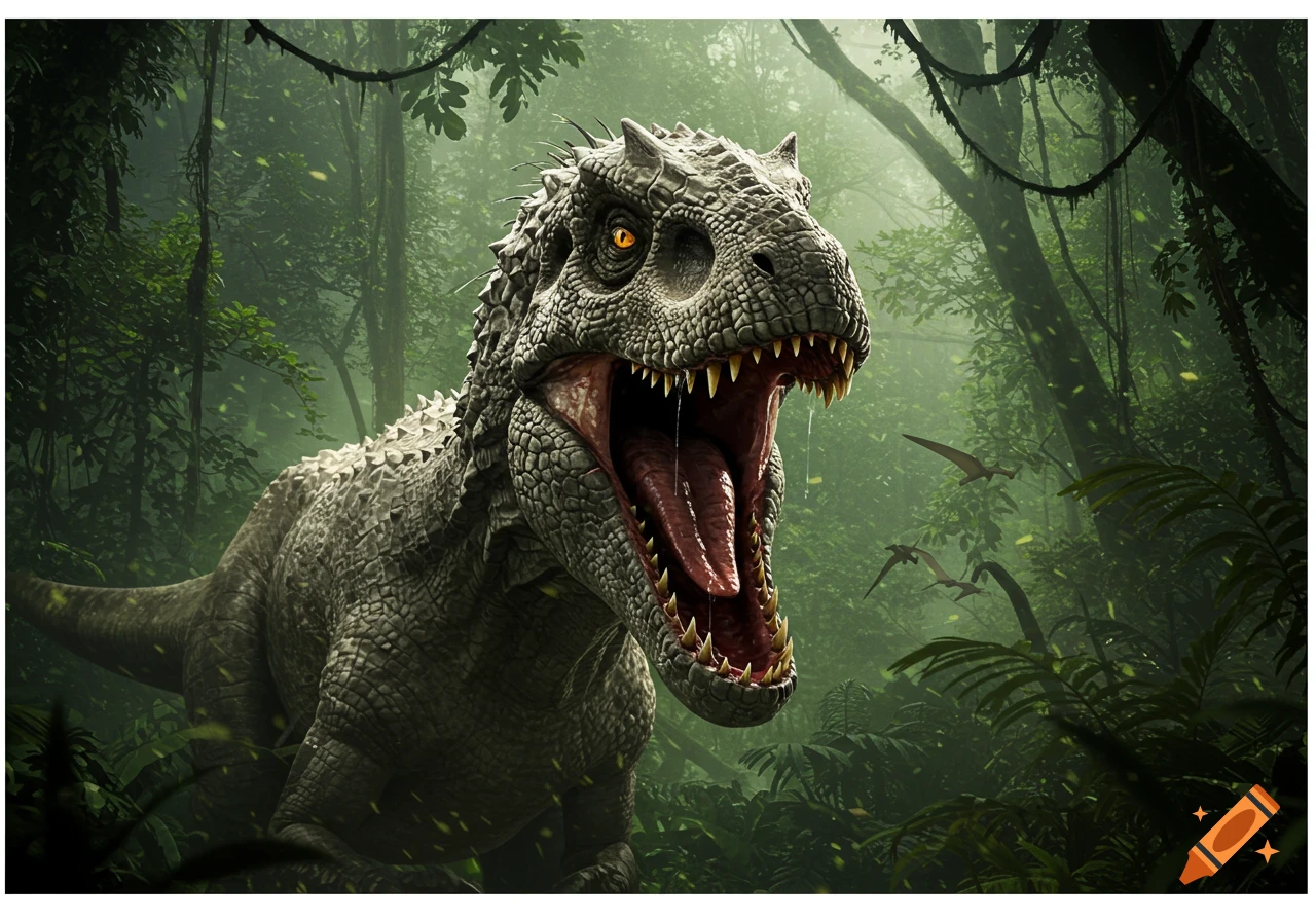 A close-up, photorealistic image of an Indominus Rex with its mouth open, roaring in a misty, lush jungle.