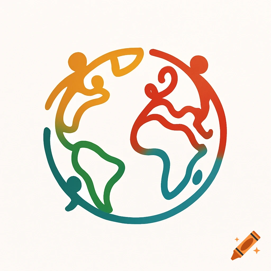 A colorful, abstract logo featuring stylized figures with outstretched arms connected around a simplified globe outline.