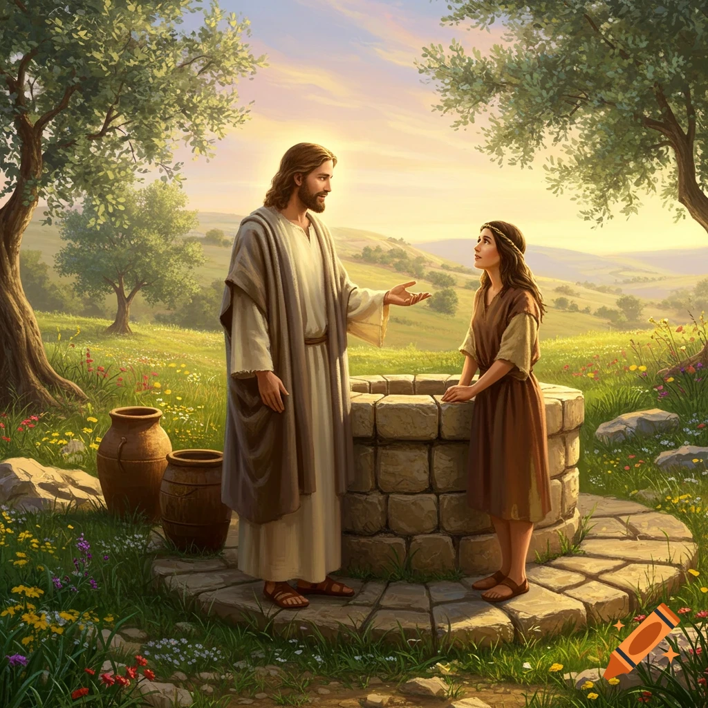 Jesus speaks to the Samaritan woman at a stone well in a lush, green, sunlit field with trees and pots.