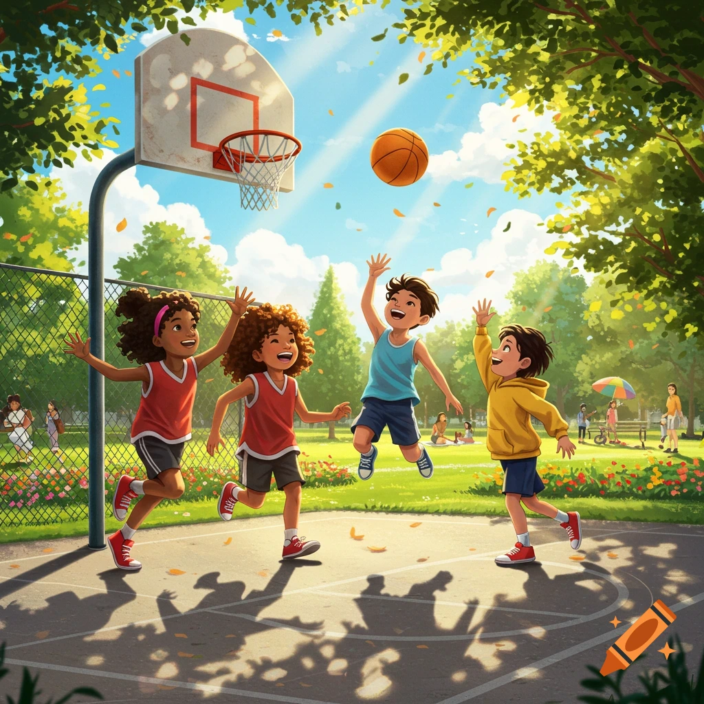 Three illustrated kids playing basketball on a sunny court in a park, one jumps for the ball.