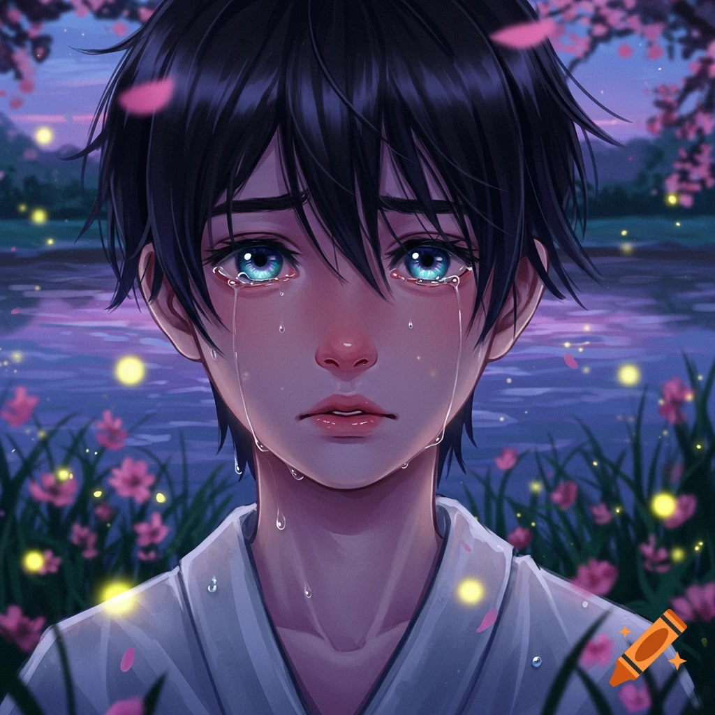 Close-up anime portrait of a crying boy with blue eyes, against a dark, glowing nature background with pink flowers and a river.