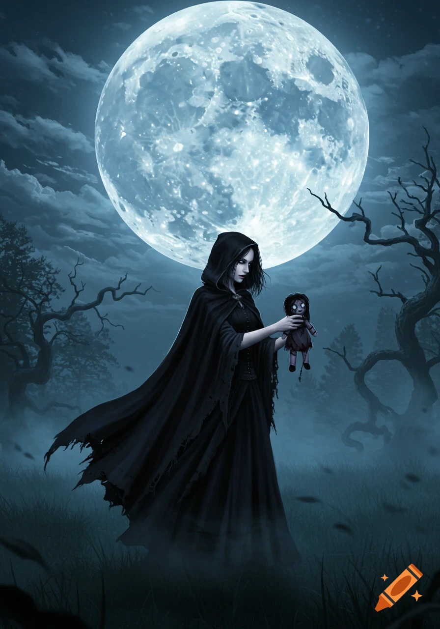 A cloaked witch holds a creepy doll with glowing eyes, standing under a large full moon in a misty, dark forest.