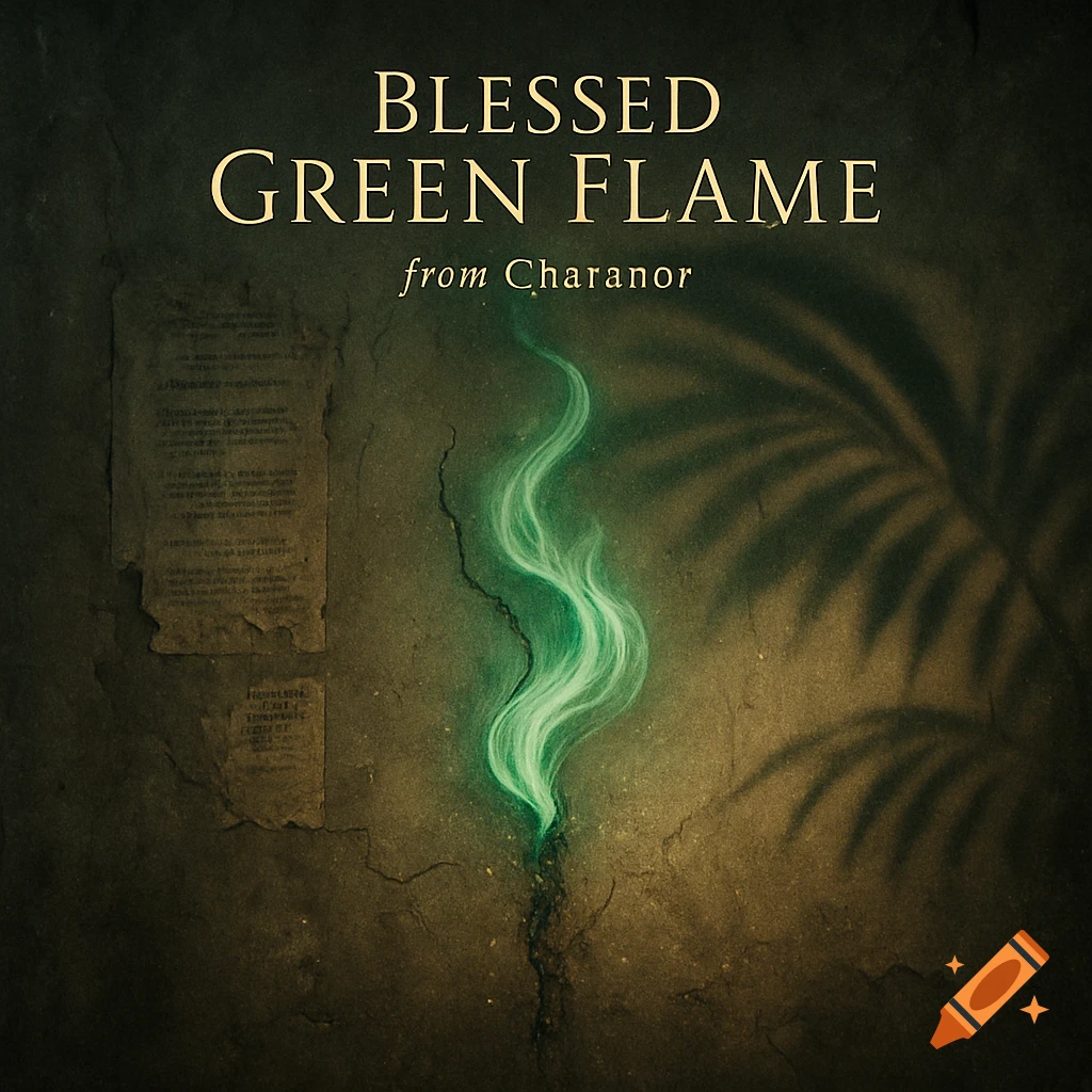 An album cover features "Blessed Green Flame" and "from Charanor" text on a weathered wall with peeling notices. A bright green, wavy flame emerges from a crack, with a palm shadow cast on the right.