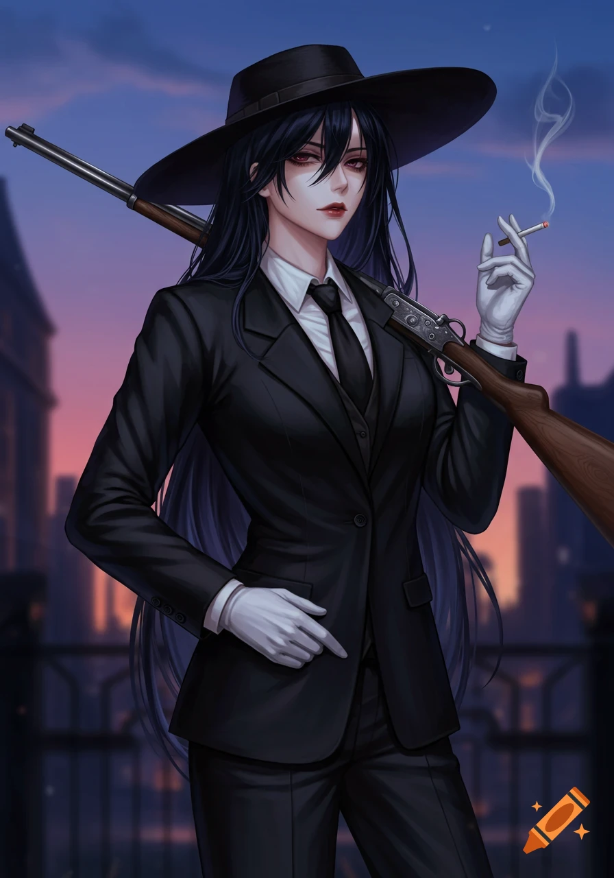 An anime girl with long black hair, wearing a black suit and hat, holds a rifle and smokes a cigarette.