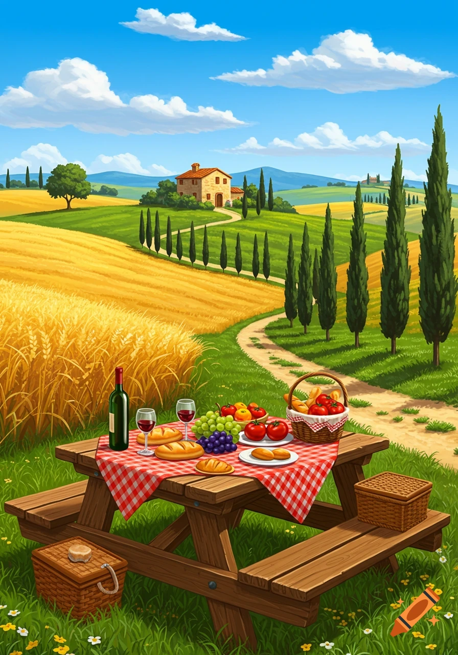 An illustrated Tuscan landscape with a picnic table in the foreground, wheat fields, cypress trees, and a stone house under a blue sky.