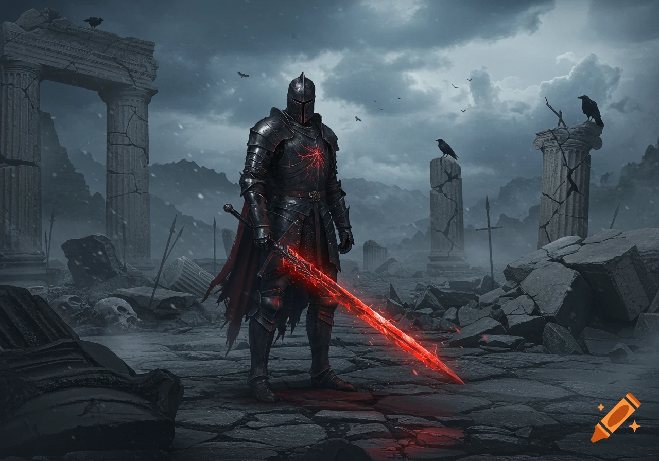 A dark armored knight with a glowing red sword stands in a desolate ruined landscape under a stormy sky, with ravens perched on broken pillars.