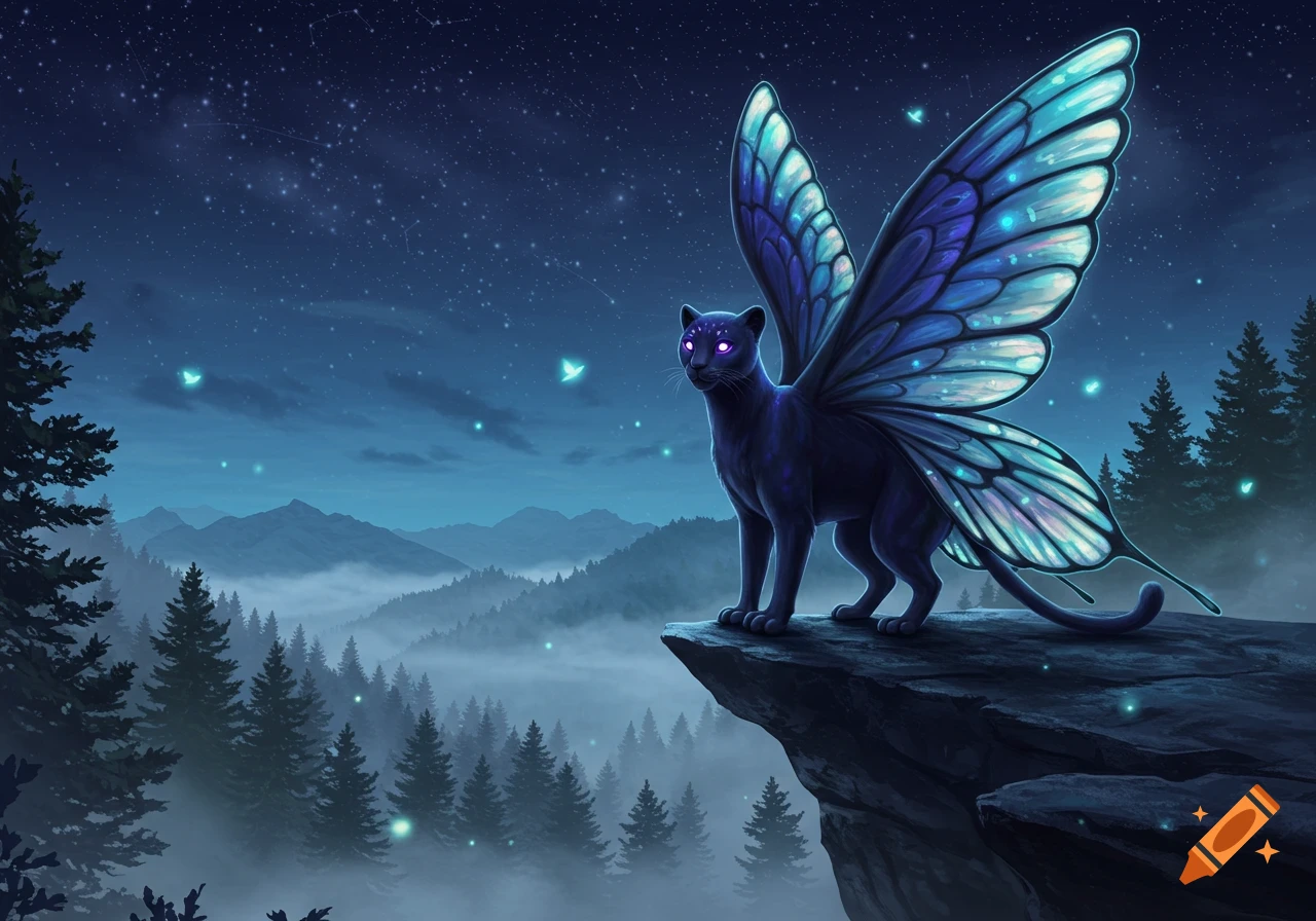 A black panther with glowing blue butterfly wings stands on a rocky cliff overlooking a misty forest under a starry night.