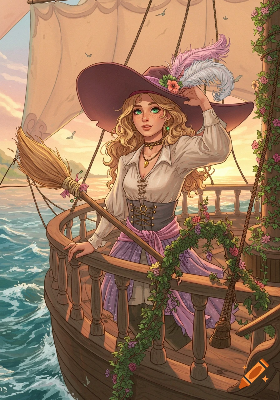 A blonde witch with green eyes and a wide-brimmed hat, dressed as a pirate, stands on a ship's deck with a broom, overlooking a pastel sunset ocean.