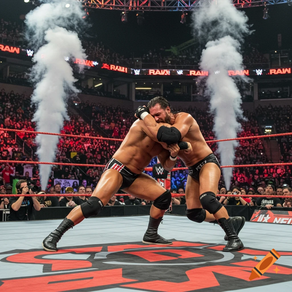 Two male wrestlers grapple in a WWE ring, surrounded by a cheering crowd and smoke effects.