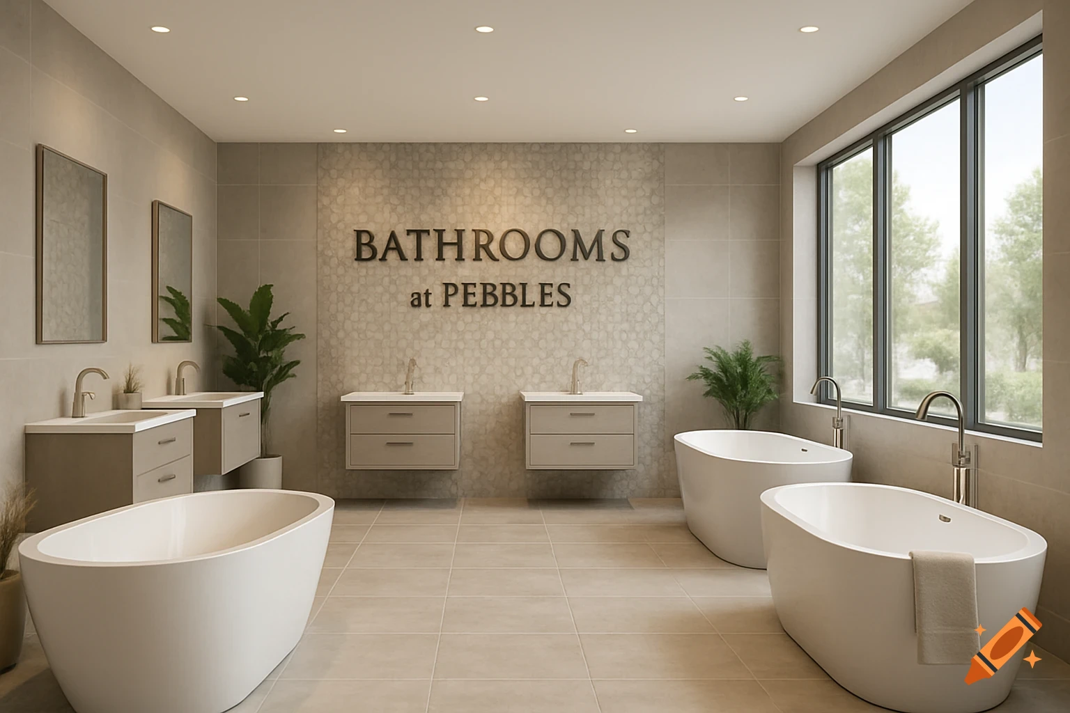A modern bathroom showroom with two freestanding bathtubs, multiple vanities, and a textured wall sign that reads "BATHROOMS at PEBBLES".