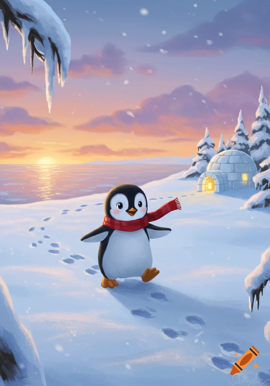 A cute cartoon penguin with a red scarf walks through a snowy landscape at sunset, with an igloo and pine trees in the background.