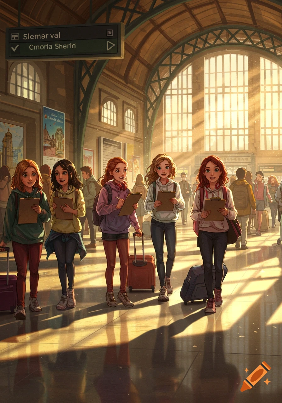 Anime-style illustration of five smiling teenage girls with clipboards and luggage in a sunlit train station.