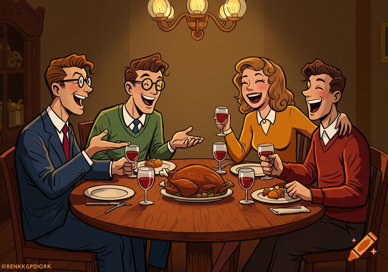 A 50s style cartoon of four friends, three men and one woman, laughing together around a round table during Thanksgiving dinner, drinking wine.