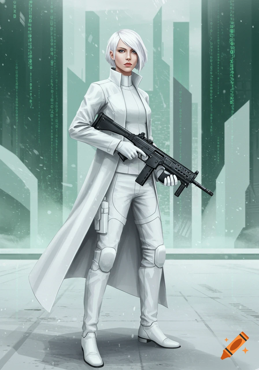 A white-haired woman in a white trenchcoat and tactical gear holds a black rifle against a green digital Matrix-style background.