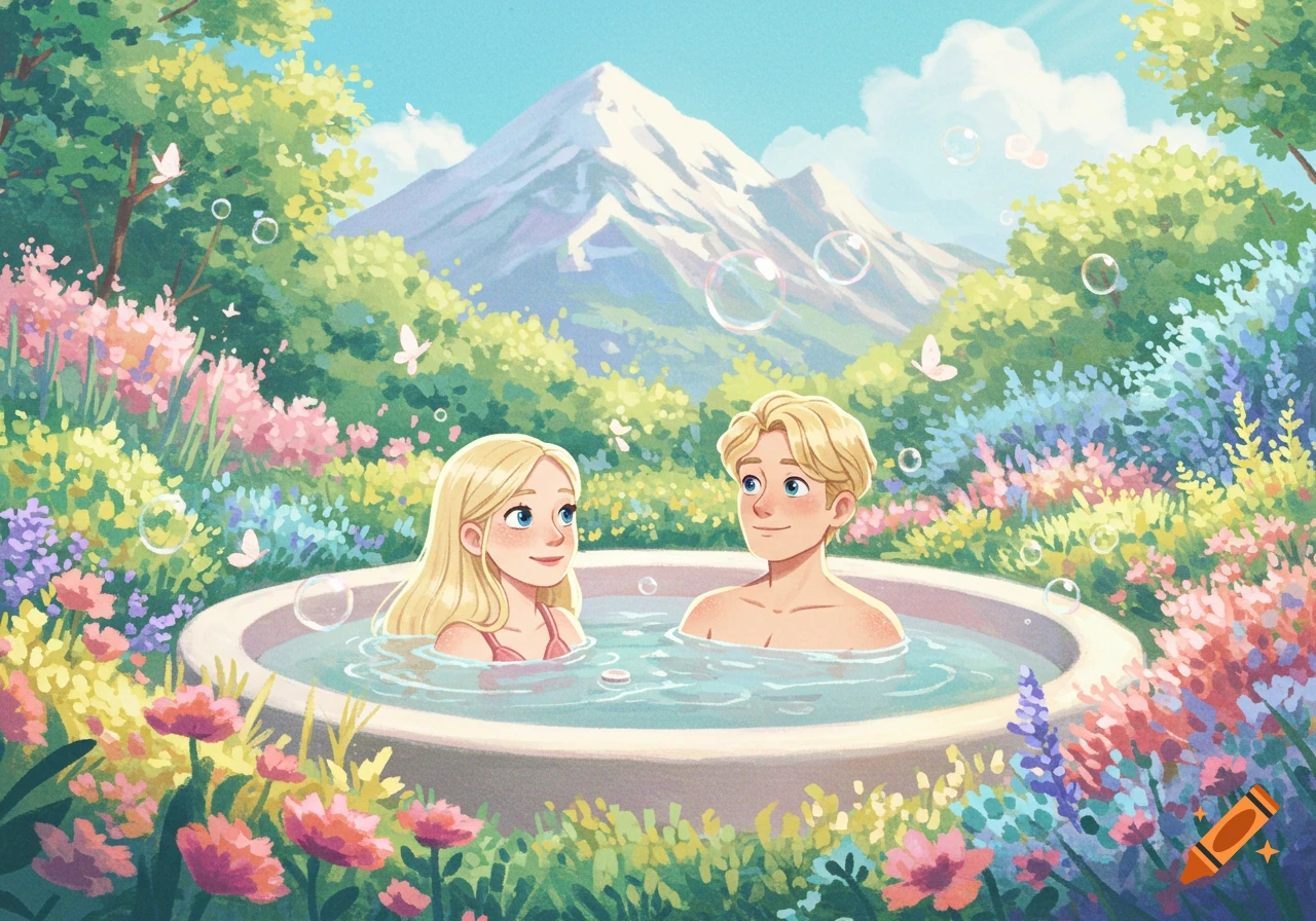 A cute blonde woman and man enjoy a jacuzzi in a magical alpine garden with mountains, butterflies, and bubbles, in a Pixar style.