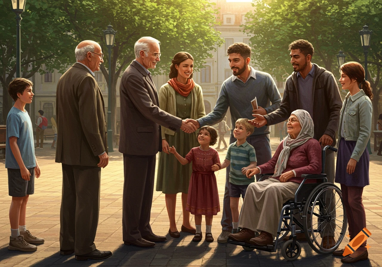A diverse group of people, including old and young individuals and a woman in a wheelchair, shaking hands and interacting happily in a sunny park.