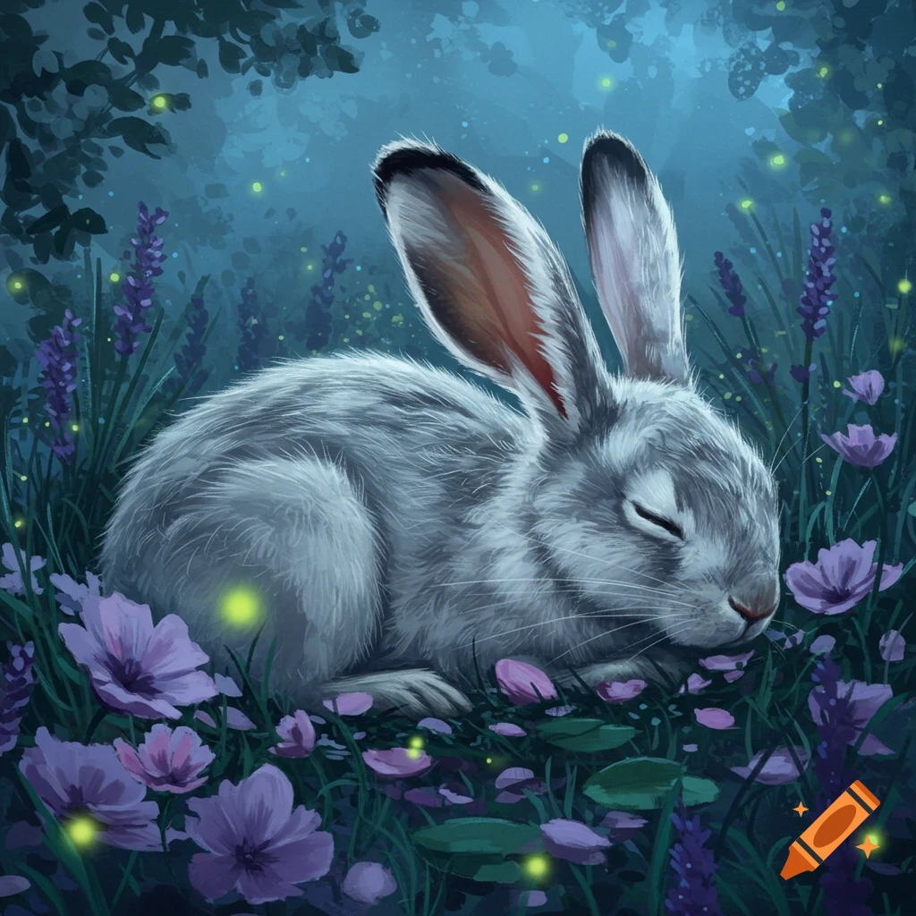 A fluffy white rabbit sleeps peacefully among purple flowers and glowing fireflies in a dark, enchanting forest at night.