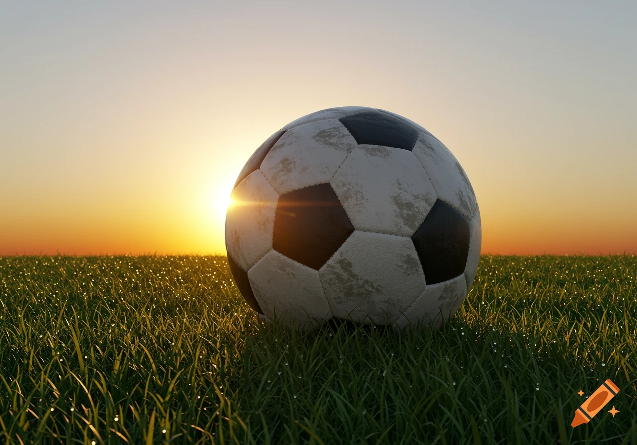A soccer ball resting on dew-kissed green grass at sunset with a bright sunflare.