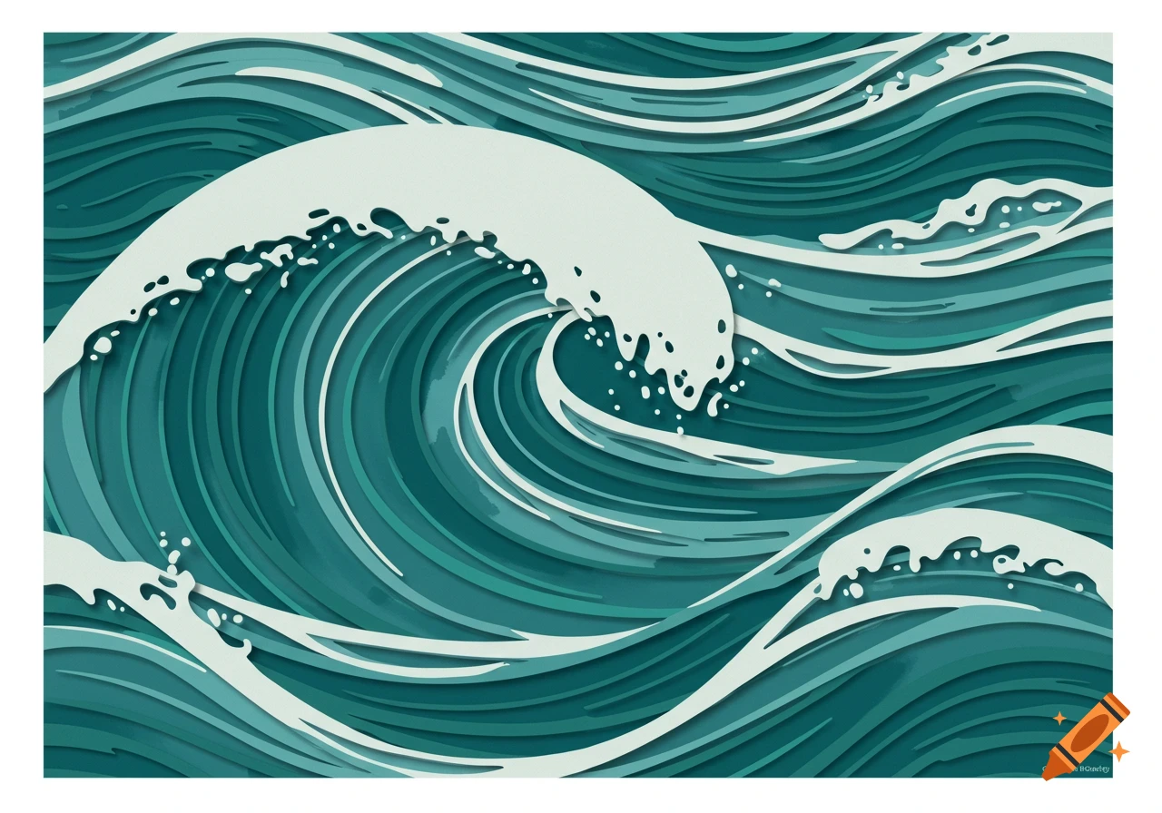 Paper-cut style illustration of dynamic ocean waves in shades of teal and white.
