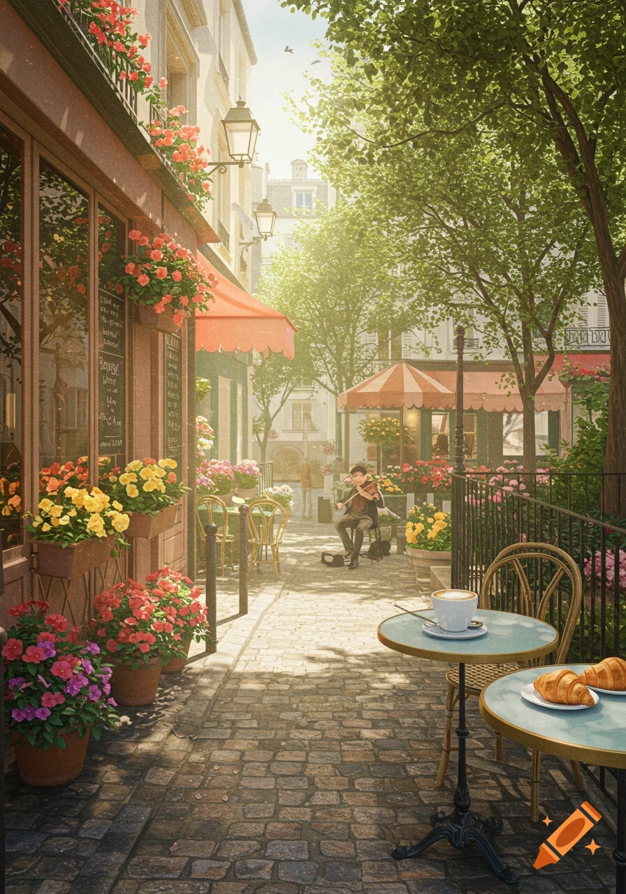 A vibrant street cafe in a European city, with a violinist playing, lush flowers, and outdoor seating under a sunny sky.