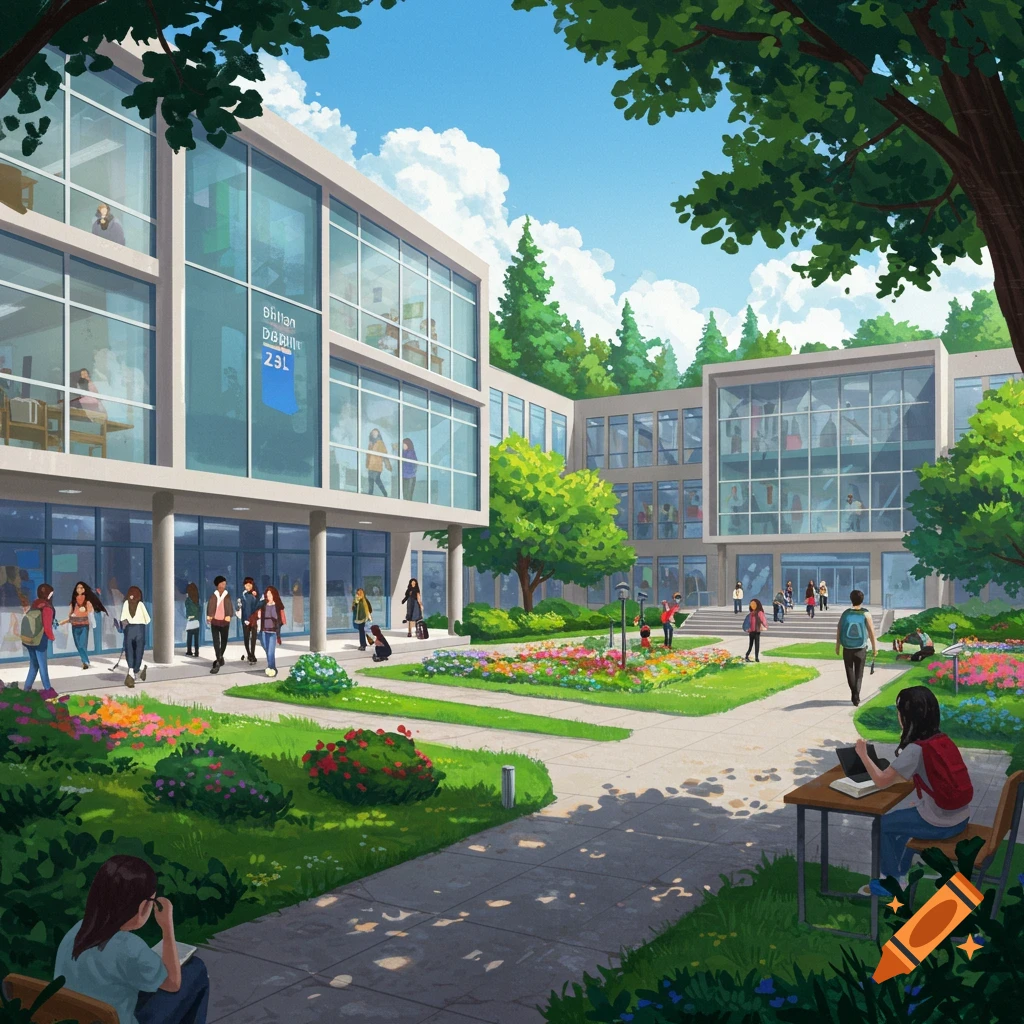 A vibrant anime-style university campus with modern buildings, students walking and studying, green lawns, and colorful flower beds.