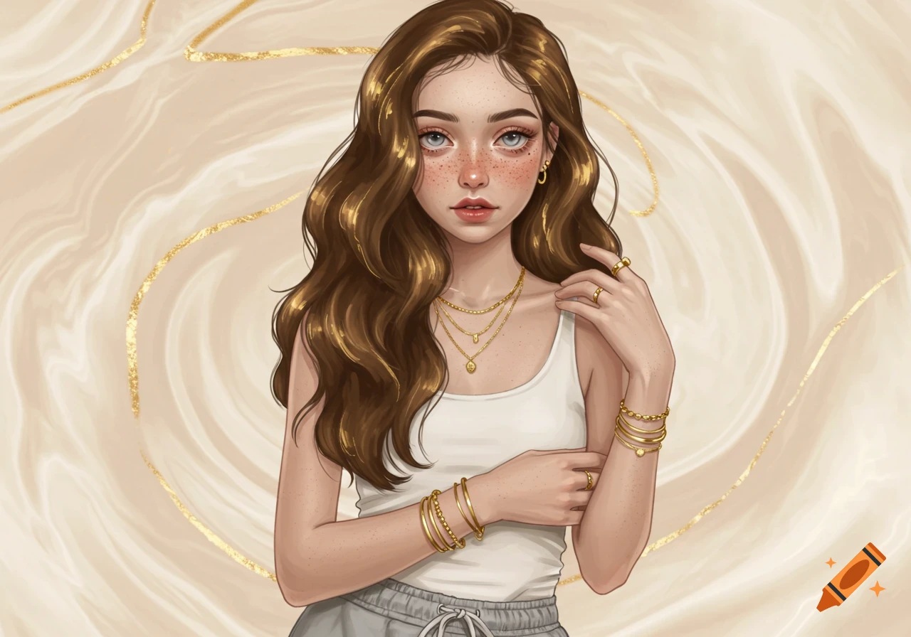 An illustration of a young woman with long wavy brown hair, freckles, blue eyes, wearing a white tank top and gold jewelry.