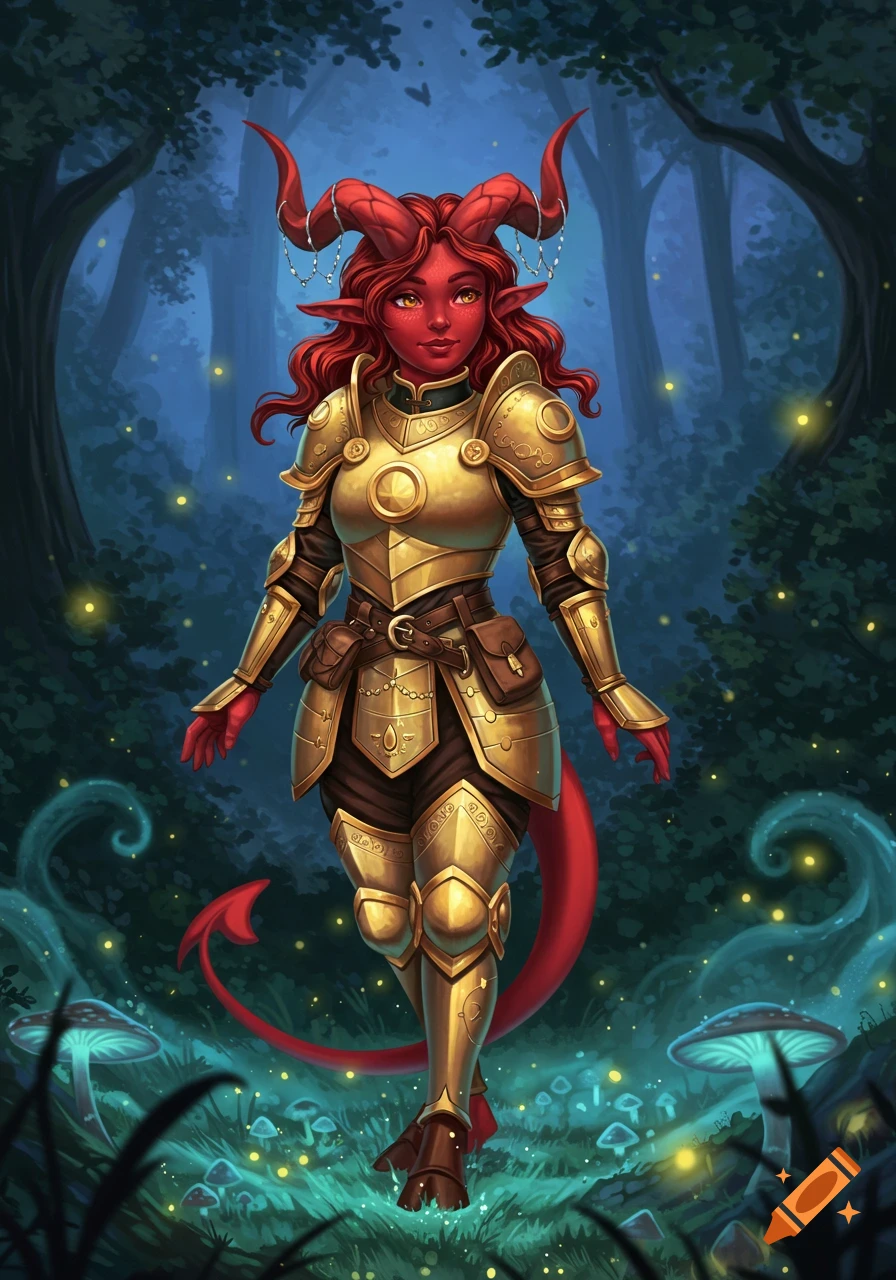 A red-skinned tiefling woman in ornate gold armor stands in a dark, glowing fantasy forest with mushrooms.