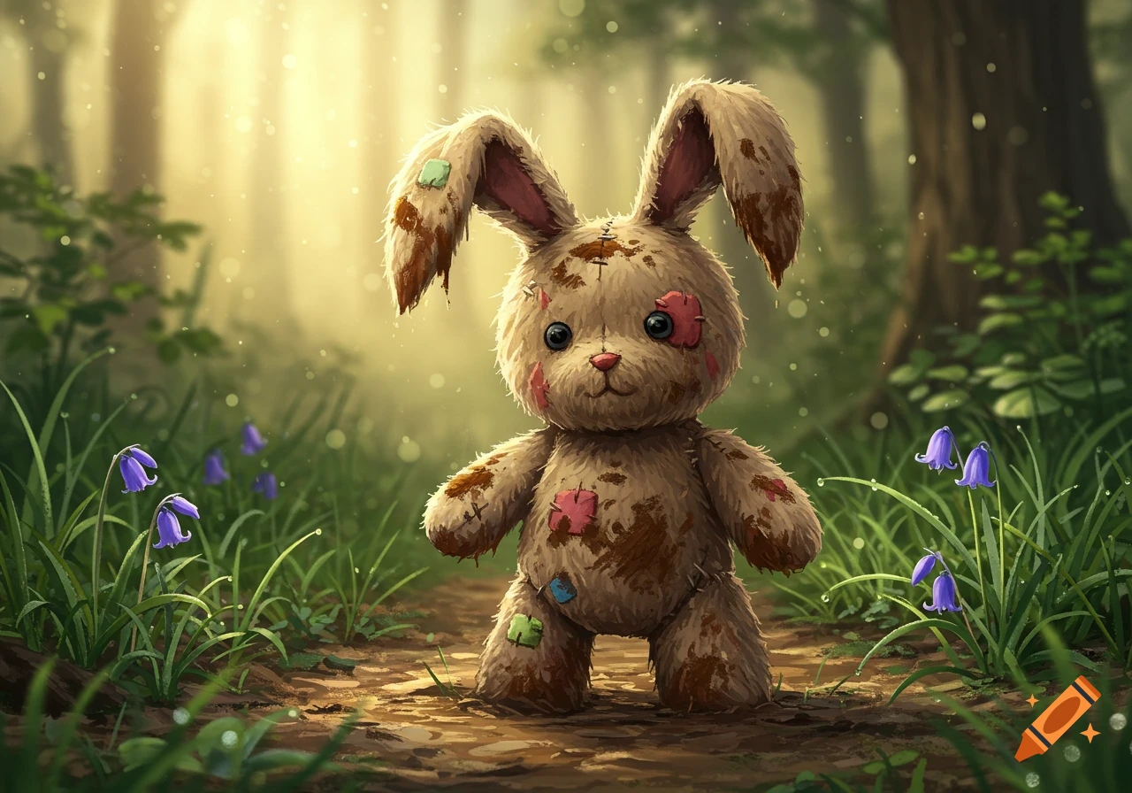A mud-splattered, patched up stuffed bunny stands in a sunlit forest with purple bellflowers and dewdrops, in an illustrative style.