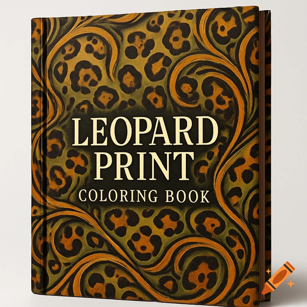 A book cover for 'LEOPARD PRINT COLORING BOOK' featuring a dark brown and gold leopard print pattern with swirling accents.