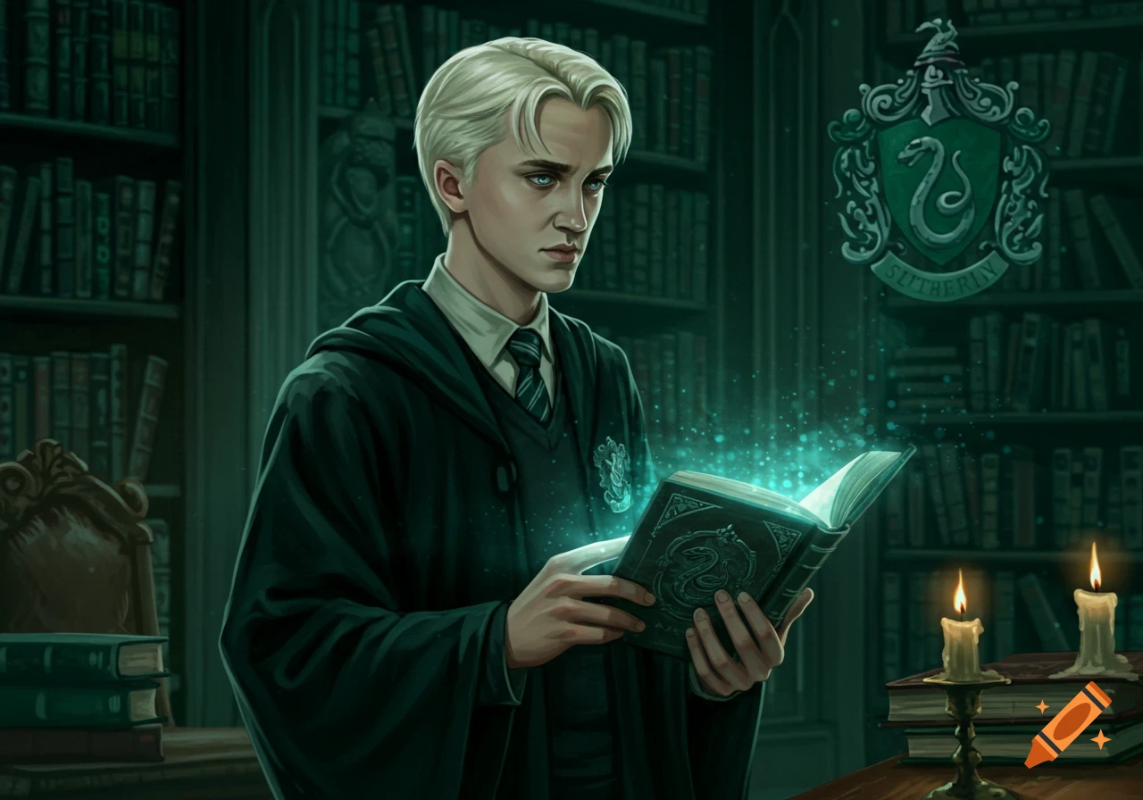 Draco Malfoy, in a dark library with a Slytherin robe, reads a glowing magical book as a Slytherin crest hangs on the wall.
