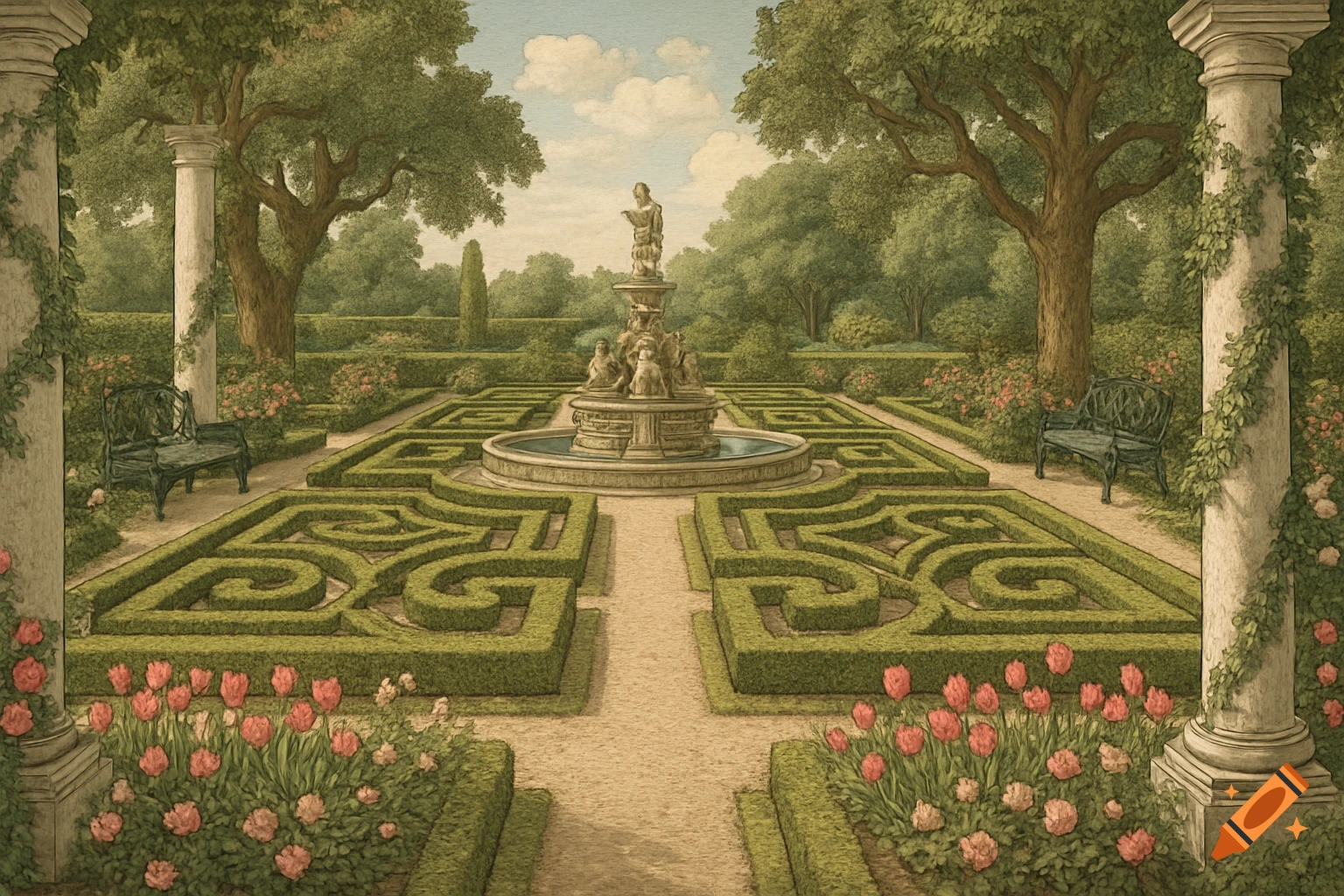 A formal Italian garden with a central fountain, symmetrical hedges, gravel paths, and pink flowers in a classical painting style.