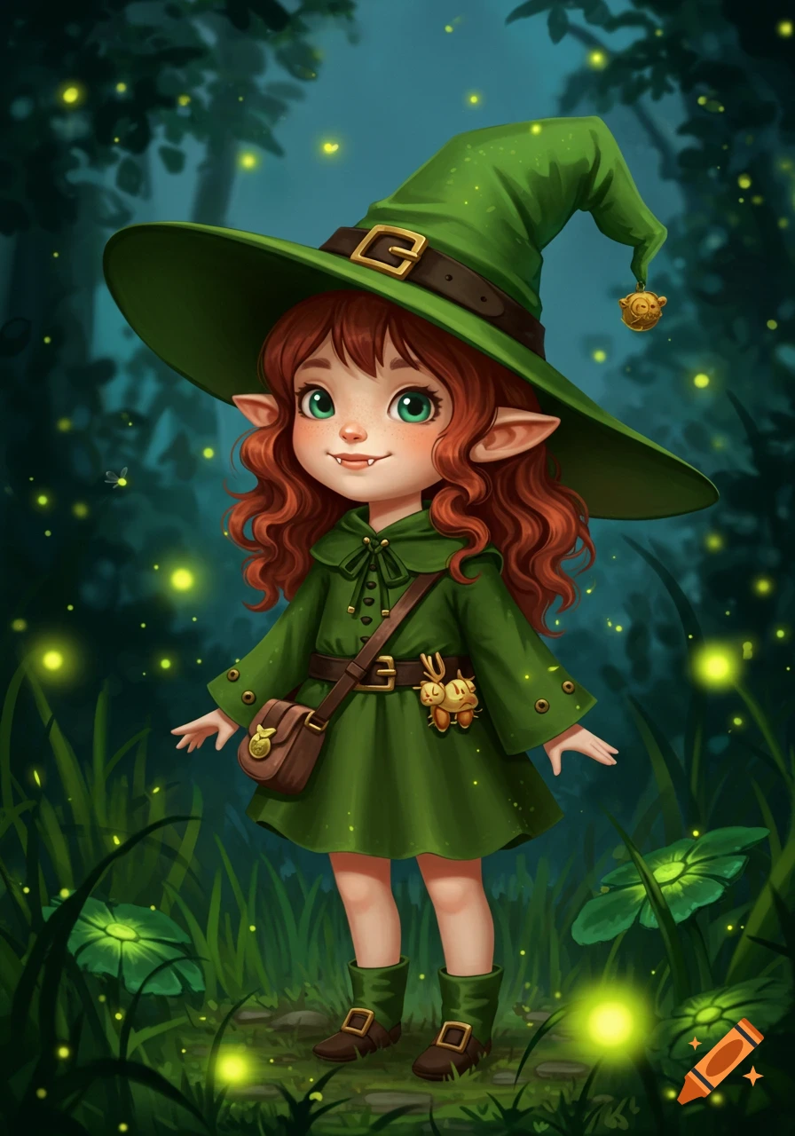 An illustration of a cute, red-haired elf witch in a green hat and dress in a magical forest with glowing fireflies.