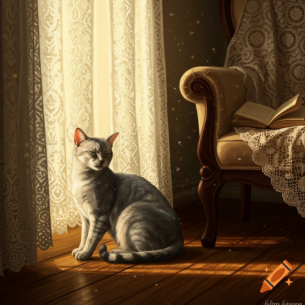 A gray tabby cat sits on a sunlit wooden floor by a window with lace curtains, an armchair and open book nearby.