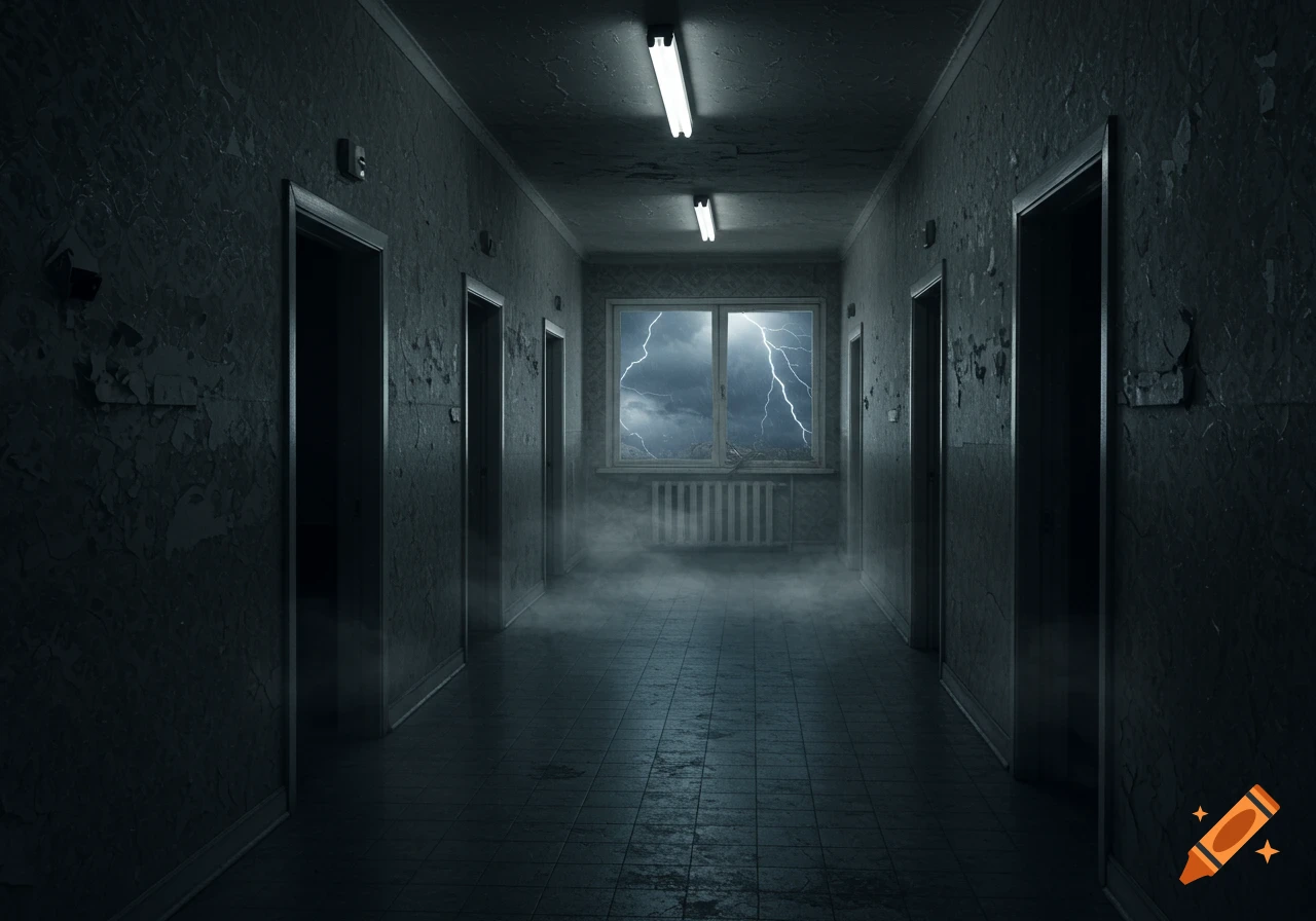 An eerie, dark hallway with peeling walls and a misty floor, leading to a window with a stormy, lightning-filled sky.