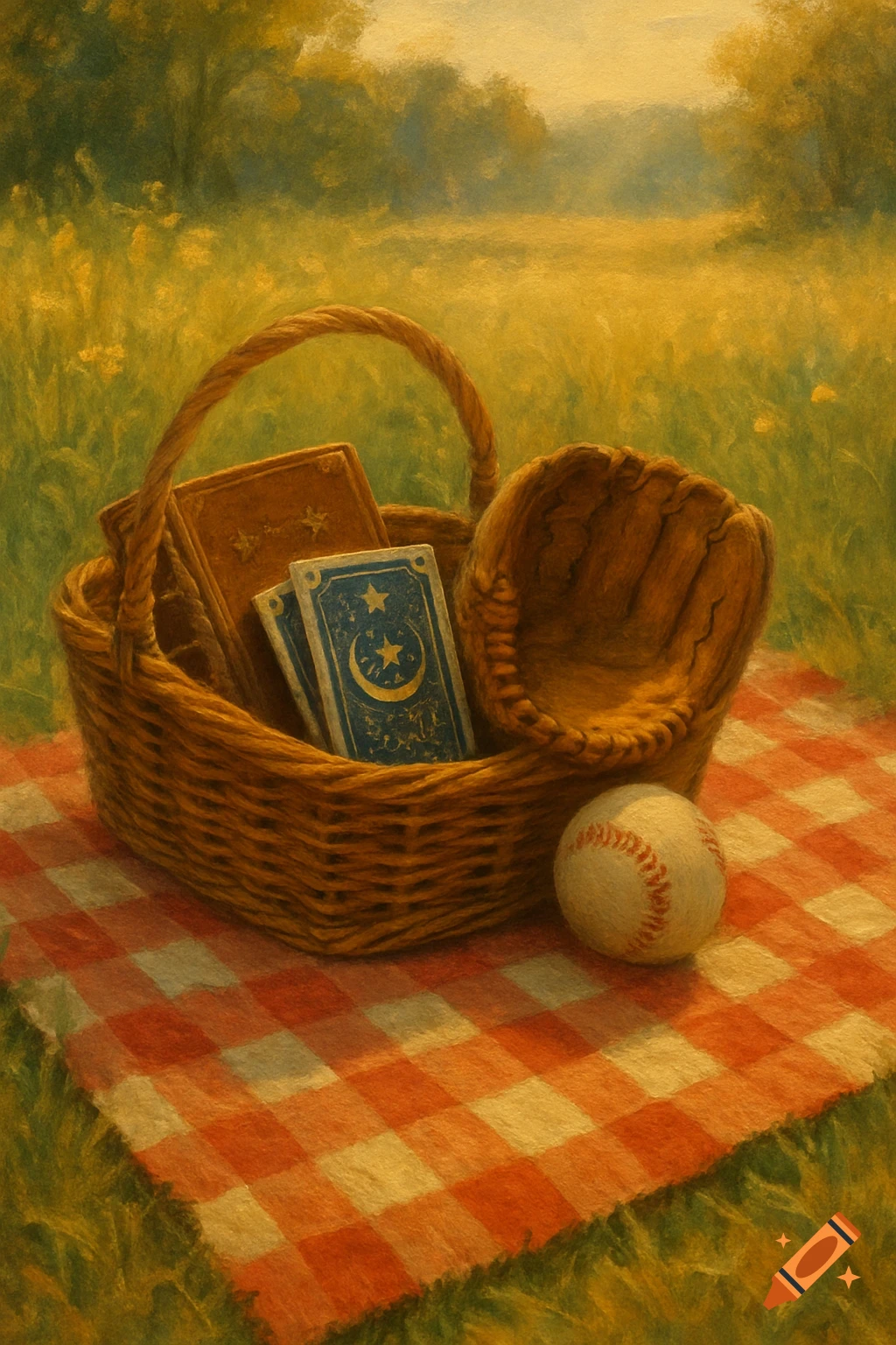 A painterly still life of a picnic basket with a book, cards, baseball glove, and baseball on a checkered blanket in a sunny field.