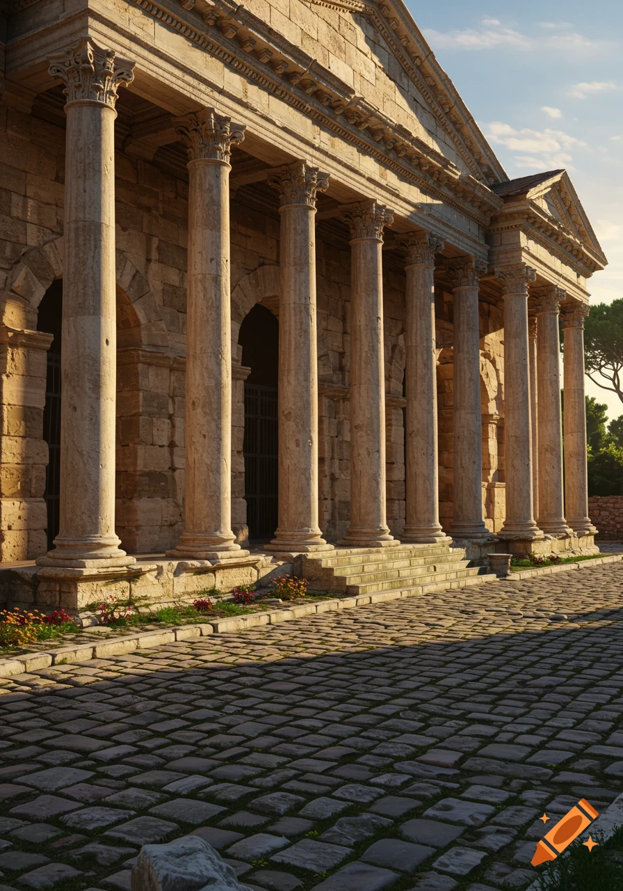 Photorealistic view of an ancient Roman temple facade with Corinthian columns and arched entrances, lit by golden sunlight.