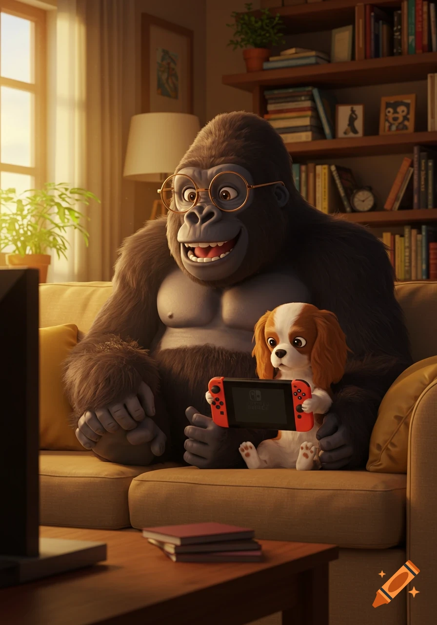 A cheerful anime gorilla with glasses and a Cavalier King Charles Spaniel play Nintendo Switch on a cozy living room sofa.