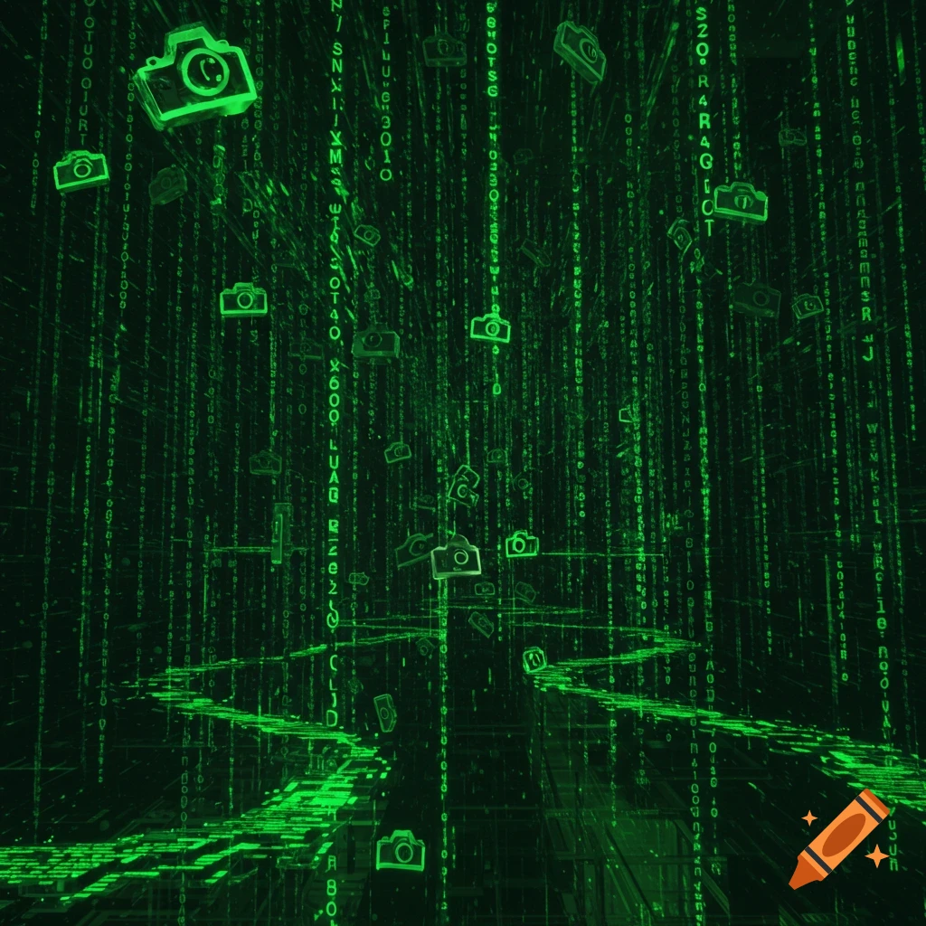 Green digital code, resembling The Matrix, rains down with camera icons among the characters.